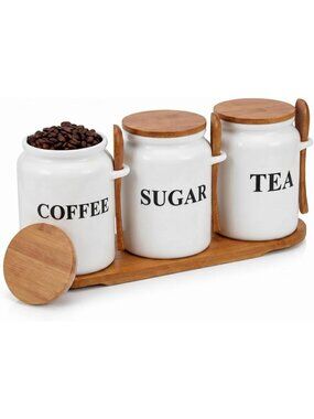 Stylish White Coffee, Sugar & Tea Canister Set with Tray & Spoons - Kitchen